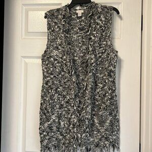 Chicos Black White Marled Fringe Vest Open Long Knit Sweater Cardigan Duster S
